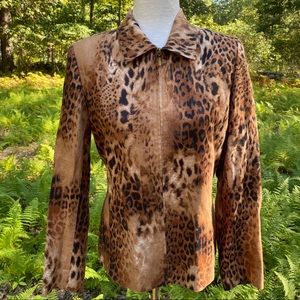 DANA BUCHMAN Jacket Coat brown gold leopard print Linen Size 6 zip front